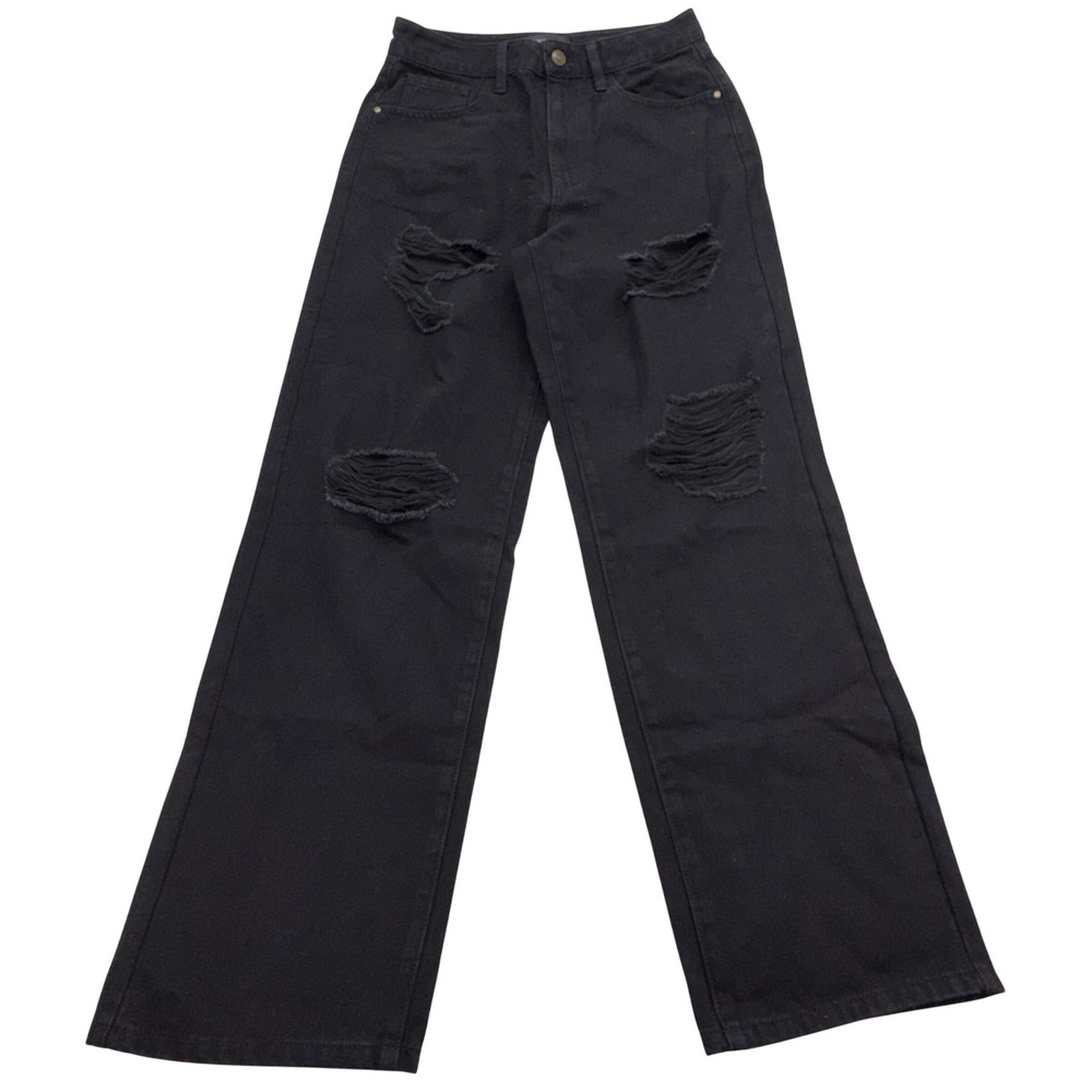 Fashion Nova Distressed High Rise Wide Leg Jeans Womens‎ Size 5 Black Denim